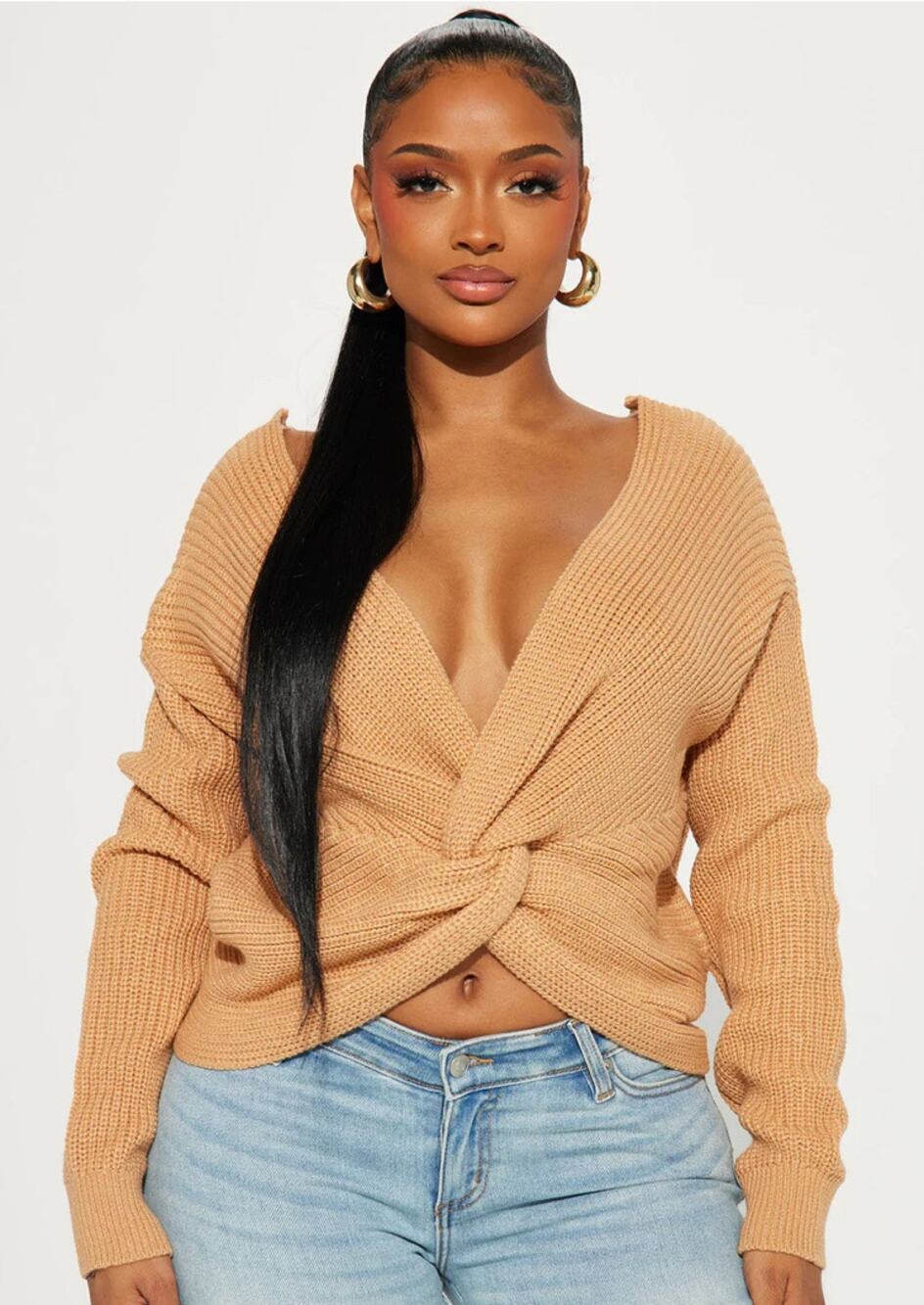 FASHION NOVA Sweater Size Medium Reversible Twist Knit Fall Favorite Girl Camel